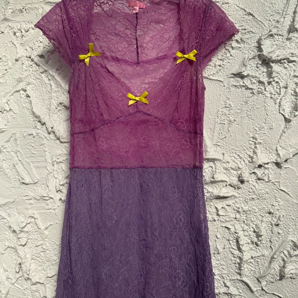S Sugar Thrillz by Dolls Kill Purple Lace Dress with Yellow Bows S